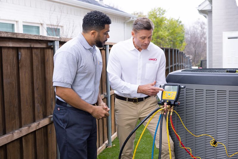 Two technicians checking a Lennox outdoor air conditioner with gauges